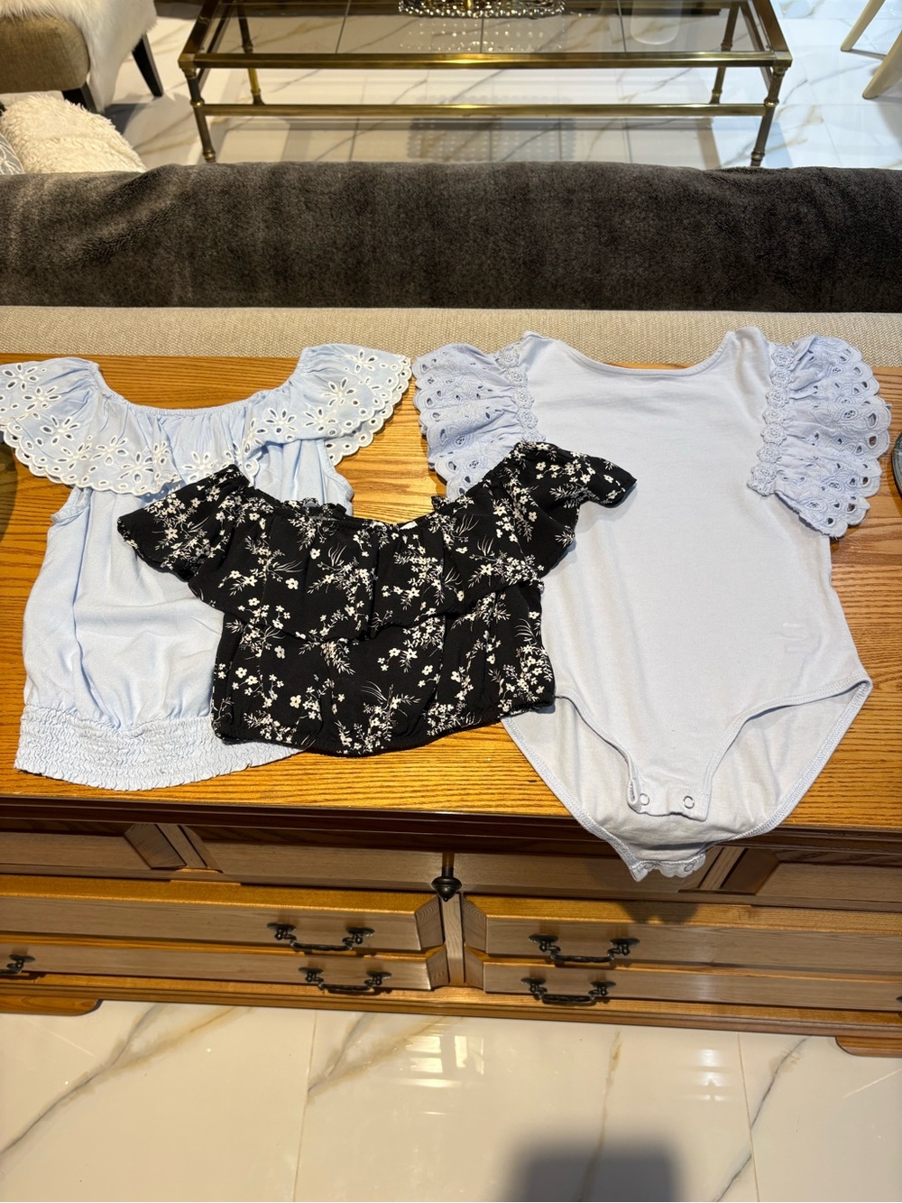 Zara Light Blue and Black Floral Kids One-Piece and Tops Set